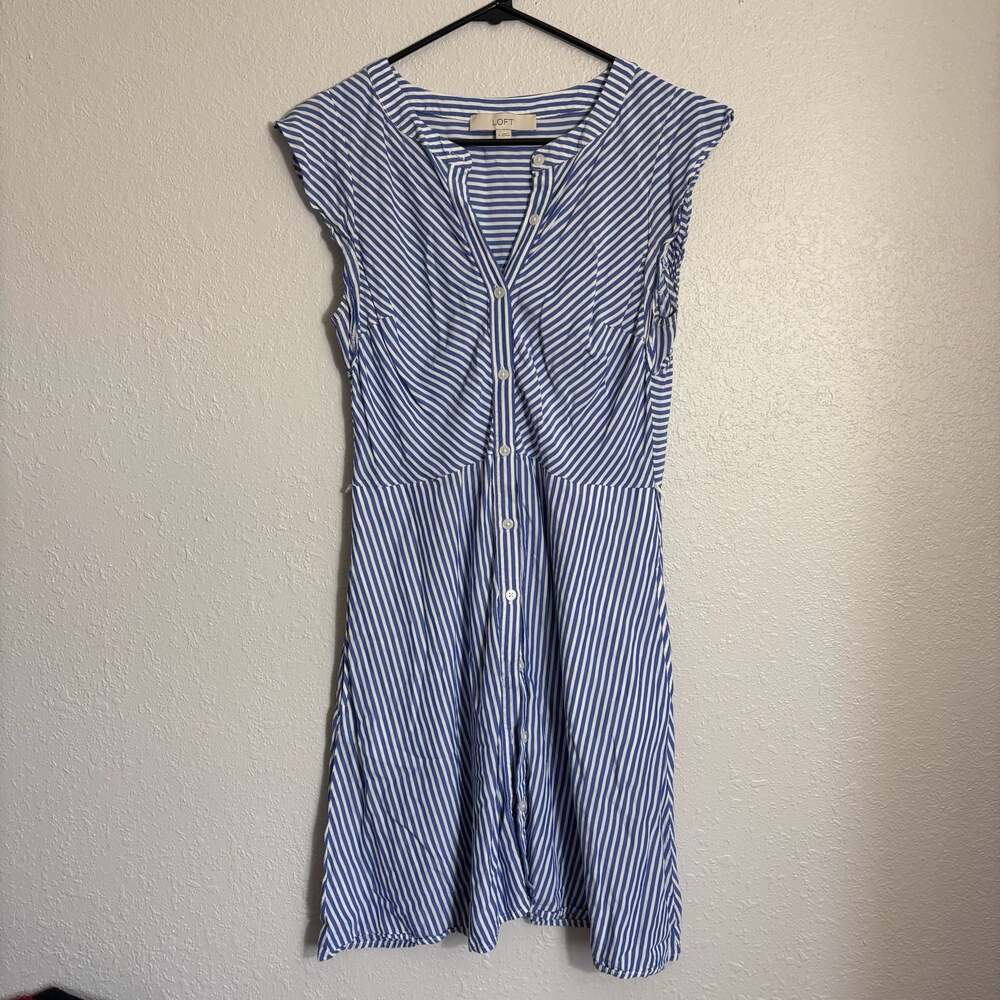 LOFT Women's Striped V-Neck Flutter Sleeve Button-Down Rayon Mini Dress Size 4